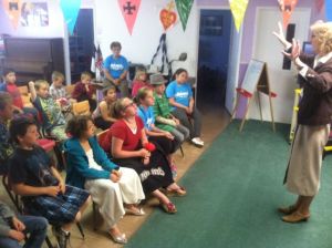 Connie speaking to the kids at Ridgecrest.